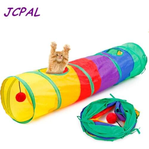 JCPAL Rainbow Foldable Cat Tunnel With Holes Funny Pet Kitten Training Tools Crinkly Columnar Cat Tunnels With Hanging Balls