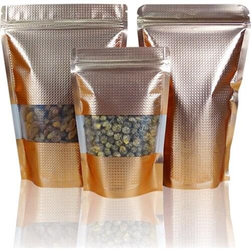 100Pcs Stand up Copper Gold Aluminum Foil Zip Lock Bag with Window, Metallic Plastic Packaging Pouch for Food Tea Candy Cookie