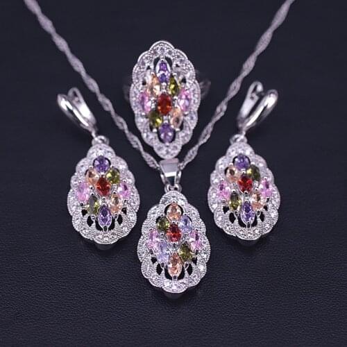 Many Colors Top Zircon Silver Color Jewelry Set For Women Costume Jewelry Hoop Earrings Ring Necklace Pendant Bridal Jewelry Set