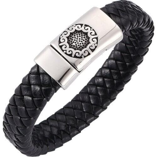 Fashion Jewelry Flower Pattern Stainless Steel Magnet Buckle Men Braided Leather Bracelet Male Wrist Band Bangles Gifts