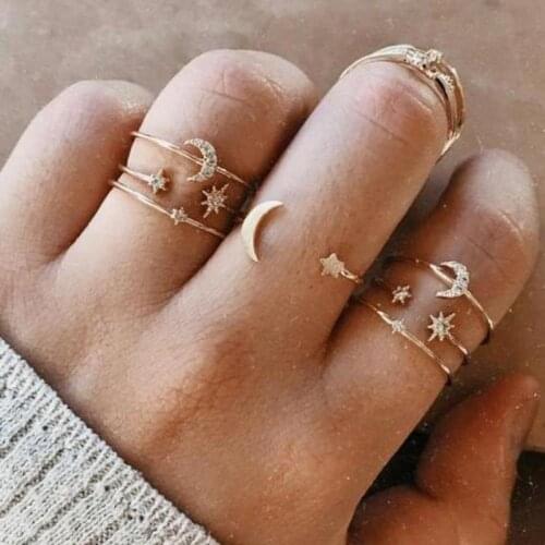 Fashion Ring Crystal Star Moon Rings For Women Rings Bohemian Geometric Rhinestone Ring Set For Womens Rings Jewelry Gifts