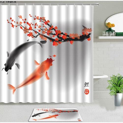 Koi Fish Cherry Shower Curtains Set Bath Mat Rugs Chinese Style Flower Scenery Luxury Polyester Cloth For Bathroom Decor Carpet