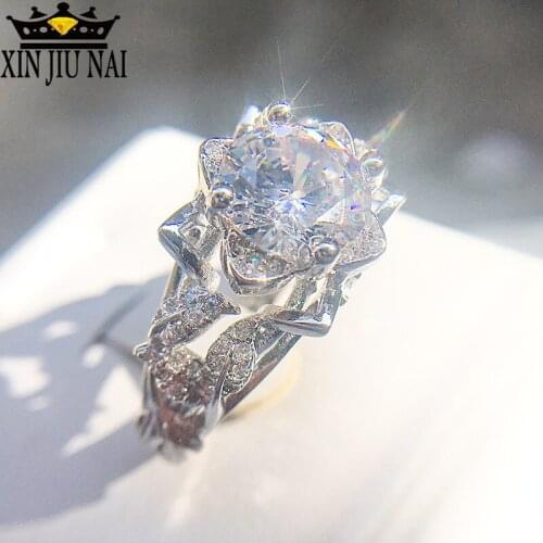 European Fashion Ladies Rose Ring Set Flowers Leaves Inlaid Zircon Ring Engagement Women Super Shining Rhinestone Ewelry Bague