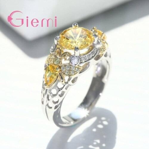 New Arrival Jewelry Gift Ring 925 Sterling Silver CZ Crystal Yellow Finger Ring Women Party Jewelry