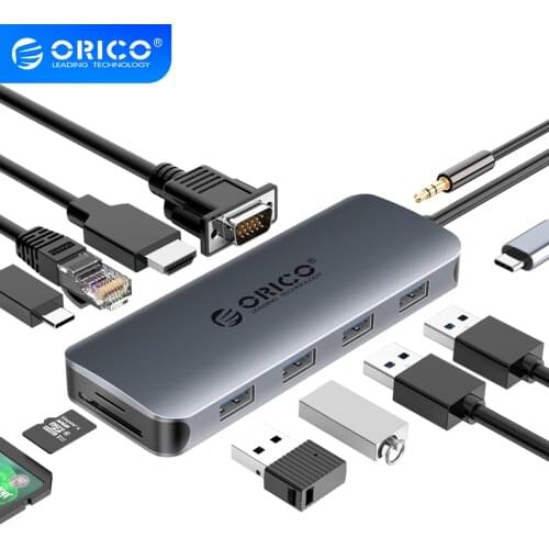 ORICO USB C Dock 11-in-1 Type C HUB with 4K VGA PD RJ45 SD/TF Card Reader USB3.0 Port 3.5mm Audio Jack Adapter