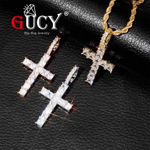GUCY Baguette Cross Pendant With 4mm Tennis Chain Necklace Set Mens Hip Hop Jewelry Gold Silver Color AAA CZ Pendant Necklace