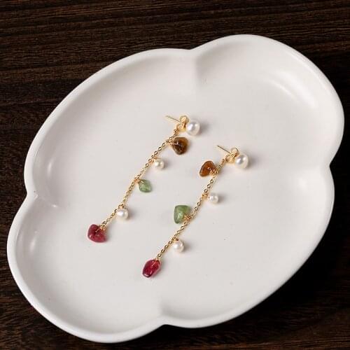 Natural Colorful Tourmaline Drop Earrings 14K Gold Filled White Pearl Long Tassel Dangle Earring For Women Elegant Charm Jewelry