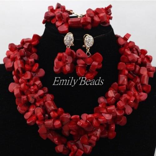 Luxury African Wedding Red Coral Beads Set Nigerian Costume Indian Bridal Necklace Jewelry Set Fashion Perfect Woman Gift CJ553