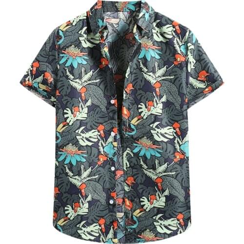 Men Summer Shirt Fashion Retro Mens Casual Lapel Collar Flower Print Short Sleeve Shirt Top Hawaiian Blouse Brand Male Tops