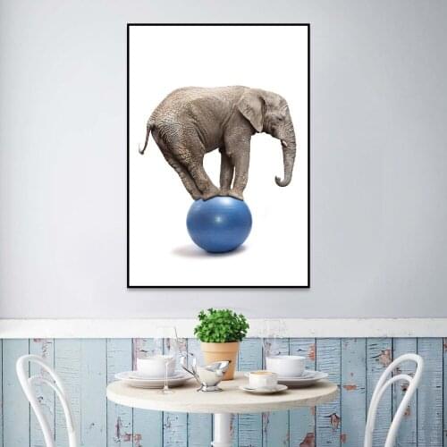 Nordic Porch Decoration Painting Elephant Foot Step on the Blue Balloon Riding Canvas Art Poster Print Decorative Home Decor