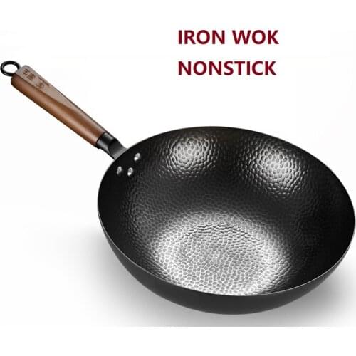 Iron pan Wrought Iron Wok Uncoated Non-stick Pan Cooking Pot Induction 32CM