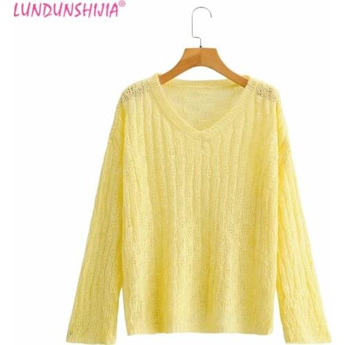 LUNDUNSHIJIA Yellow Thin Hollow Out Knitting Pullovers Top Crewneck Pull Jumpers 2021 New Spring Sweaters For Women