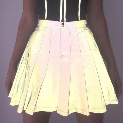 SKMY Vintage Clothes Harajuku Streetwear Reflective Pleated Mini Skirts High Waist A-Line Skirt Solid Color Sexy Club Outfits