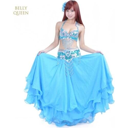 2020 New Style Women Bellydance Clothes Eastern Style Beaded Top+ Belt+Dress 3pcs/Set Costumes For Belly Dance Bra Costume