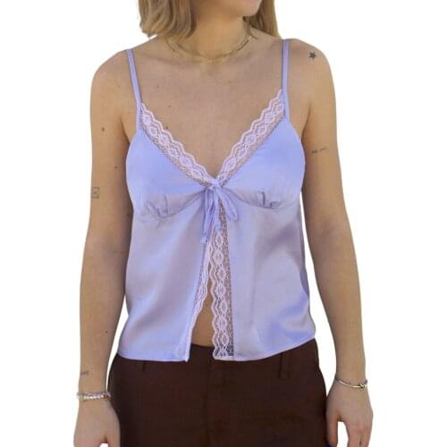 Women’s Patchwork Sling Vest Tops, Lace Decoration Deep V-neck Front Lace-up Cardigan for Summer