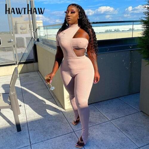 Hawthaw Women Autumn Winter Short Sleeve One Shoulder Hollow Out Bodycon Slim Jumpsuit Romper 2020 Female Clothing Streetwear