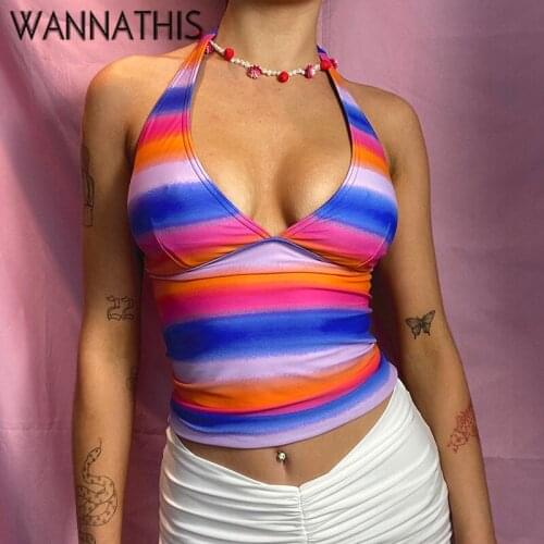 WannaThis Y2k Rainbow Zebra Stripe V-Neck Bandage Kawaii Sleeveless Cami Women Sexy Backless Summer 2021 Tops Female Cropped Top