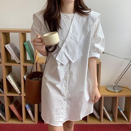 Cross Turn Down Collar Loose Single-breasted Puff Sleeves Solid Casual Straight Dress for Women X447