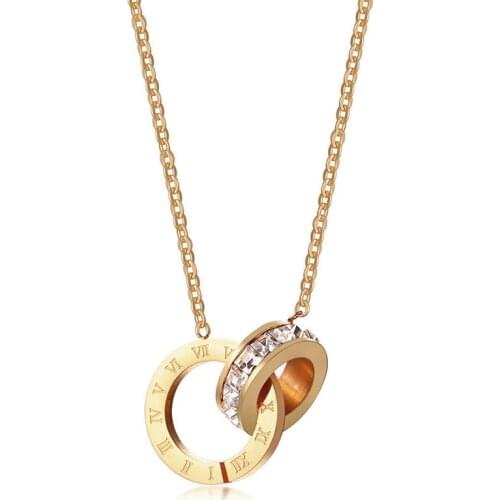 RHYSONG Stainless Steel Rose Gold Roman Figure Double Circles Pendants Fashion Shiny Zircon Necklace For Women Neck Jewelry XL91