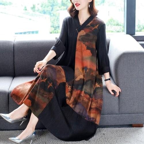 2021 Autumn Winter Vintage Print Mulberry Silk Midi Dress Casual 3XL Plus Size Loose Dress Women Elegant Bodycon Party Vestidos