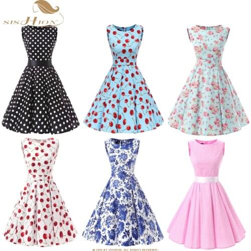 SISHION Cotton Inspired 50s 60s Vintage Dress VD0110 Sleeveless Polka Dot Floral Print Large Swing Women Retro Rockabilly Dress