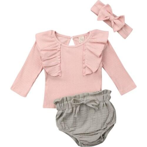Summer Newborn Baby Girl Clothes Cotton Ruffle Solid Color Tops T-Shirt+Shorts+Headband Outfits 3Pcs Set