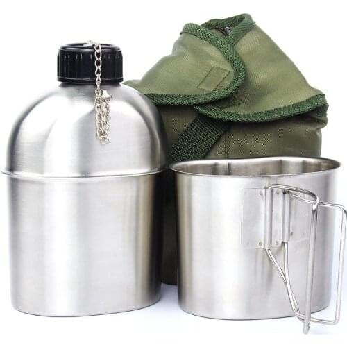 3Pcs/Set Portable Canteen Cup Stainless Steel Military Canteen Kit With Lid Green Cover Camping Hiking Picnic Accessorie