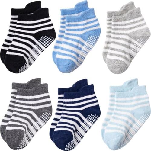 6Pairs/Lot Baby Boys Girls Soft Cotton Socks 0-5 Years Children Anti-slip Boat Socks Kids Stripe for School Sport Socks
