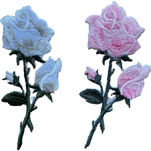 6 PCS New Arrival White Pink Rose Flower Embroidered Patches Iron on Floral Embroidery Applique for Clothes Jackets 12 cm x 5 cm