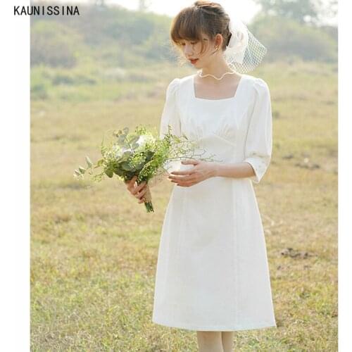 KAUNISSINA White Wedding Dress Square Collar Short Sleeve Knee Length Simple Bridal Gowns Robe De Mariee For Women Custom Made
