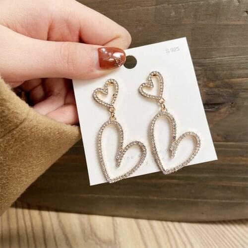 Boho Luxury Rhinestone Double Heart Hollow Drop Earrings Women Fashion Sweet Cute Simple Crystal Earring Girls Jewelry Gifts