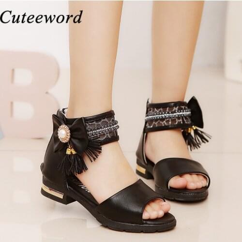 Black Pink White Kids Sandals Tassels Pearl Summer Shoes Girls Sandal Princess Beach Shoes Children Roman Shoe Size 27-37