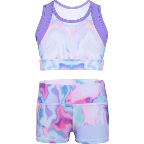 Kids Girls Stretchy Sleeveless Tie-Dye Tanks Crop Top with Boy-cut High Waist Dance Shorts Bottoms for Sports Gymnastic Workout