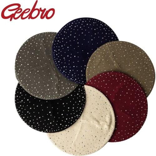 Geebro Women Casual Beret Hat Winter and Autumn Spring Rhinestone Knitted Feminina Beret Cap Painter Style Solid Color Bonnet