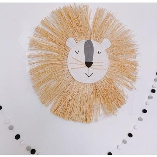 INS Nordic Hand woven Cartoon Lion Hanging Decorations Cotton Thread Weaving Animal Head Ornament Wall Hanging for Children