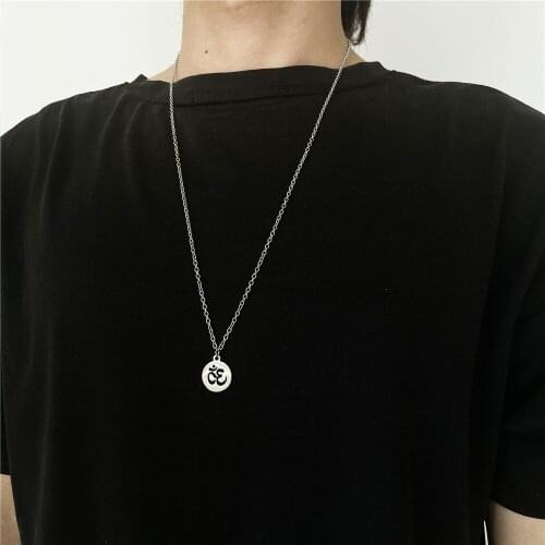 Classic Round Pendant Necklace Men Stainless Steel Lotus Charm Long Chain Necklace For Men Women Choker Jewelry Gift