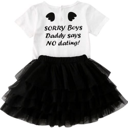 2PCS Toddler Baby Girl Clothes Short Sleeve Letter Print Tops T-Shirt+Lace Tutu Skirt Outfits 2-6Y