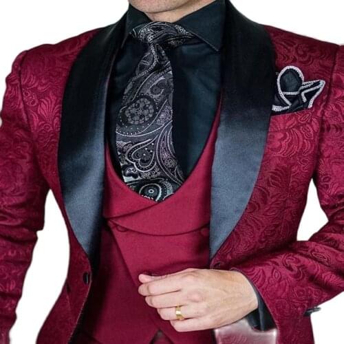 Tailor-made Burgundy Wedding Men Suits Slim Fit Tuxedo 3 Pieces Suits Groom Prom Jacquard Blazer Terno Masculino Suits