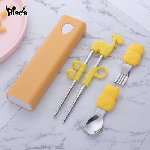 3Pcs Children Practise Dinnerware Stainless Steel Chopsticks Spoon Fork Kit with Silicone Animal Head Lovely Kids Dinner Tools