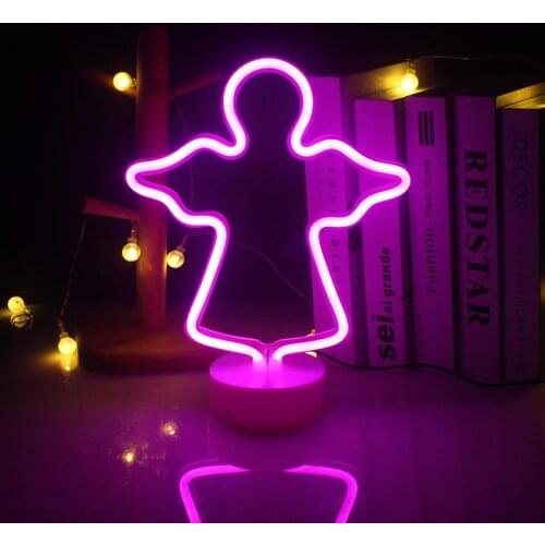 Wanxing Neon Signs Pink Angel Shaped With Base USB Or Battery Powered Neon Light For Kids Room Decor Table Decoration Xmas Gift