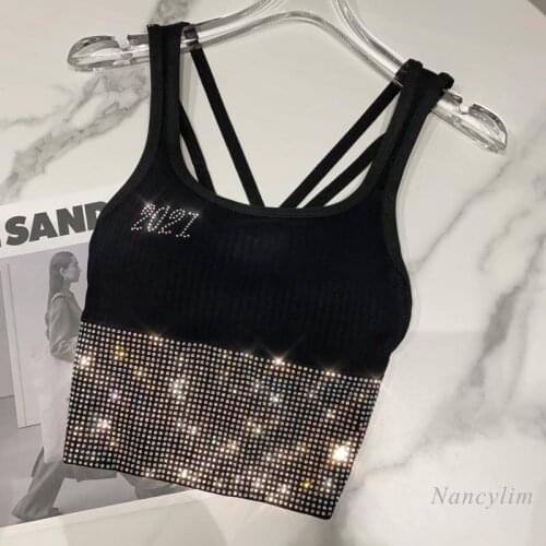New Square Rhinestone Hot Drilling Waist Tight Temperament Brassiere Pad Camisole Tank Top for Women Summer 2021