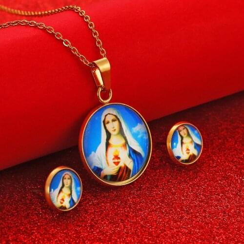 Virgin Mary Pendant Necklace Earrings for Women Girls Our Lady Godness Jewelry Wholesale Colar Cross Trendy Chain