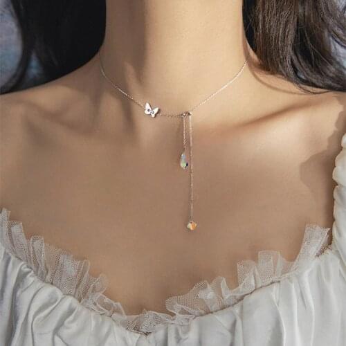 925 Sterling Silver Tassel Crystal Butterfly Charm Pendant Christmas Jewelry Necklace For Women Wedding Accessories Choker dz533