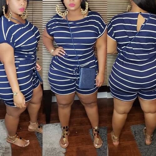 Striped Print Playsuits Women Large Big Size Cusal Fashion Summer Clothes Pullovers Short Sleeve High Street Rompers & Jumpsuits