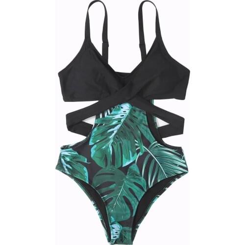 Push Up Womens Swimwear Tropical Print One Piece Swimsuit Tummy Control Cross Bandage Bikini Monokini High Waisted Swim Suit