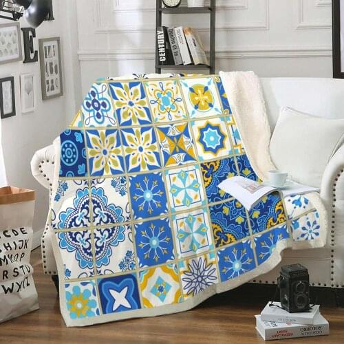 Retro Geometric Soft Sherpa Blanket Ethnic Style Fur Throw Blanket Blue Mediterranean Bedroom Decor Art Soft Bedspreads