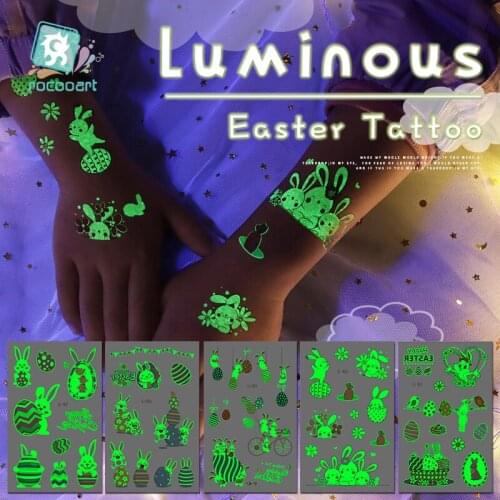 ROCOOART Easter Luminous Temporary Tattoos Sticker Easter egg Cute Rabbit For Kid Body Art Fake Tattoo Waterproof Children Tatoo