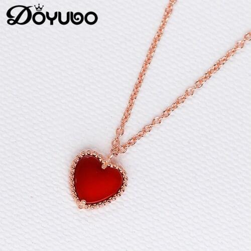 DOYUBO Romantic Womens Red Agate Heart Pendant Necklace Rose Gold Color Sterling Silver Heart Charms Necklace Accessories VA328