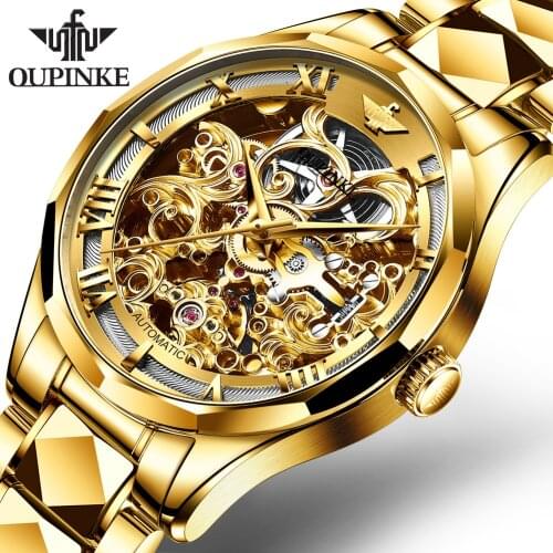 OUPINKE Top Luxury Brand Automatic Mechanical Men Wristwatch Skeleton Tourbillon Design Tungsten Steel Mens Automatic Watches