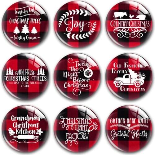 Handmade Christmas Joy X-Mas Buffalo Plaid Tree Round Photo Glass Cabochons Demo Flat Back DIY Jewelry Making Findings Accessory